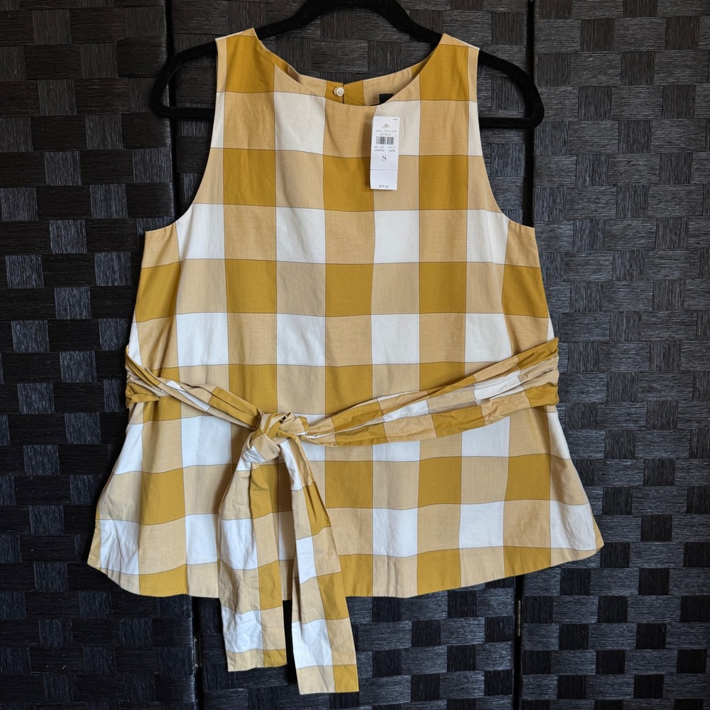 Ann Taylor Peplum Top Womens Small Mustard Gingham Cotton Tie Waist NWT